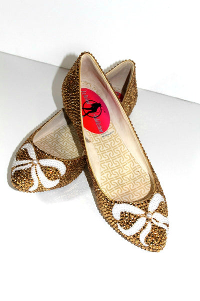 Gold Crystal Ballet Flats with Pearl Bows - Wicked Addiction