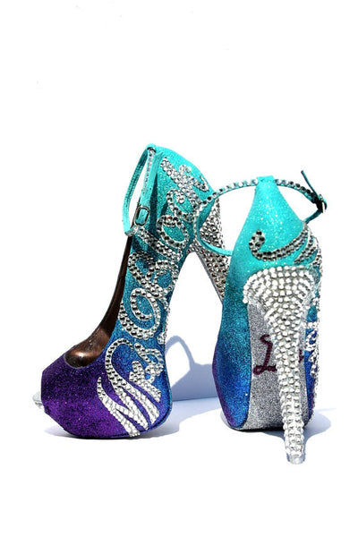 Personalized Aqua Purple Ombre Glitter Peep Toe Heels - Wicked Addiction