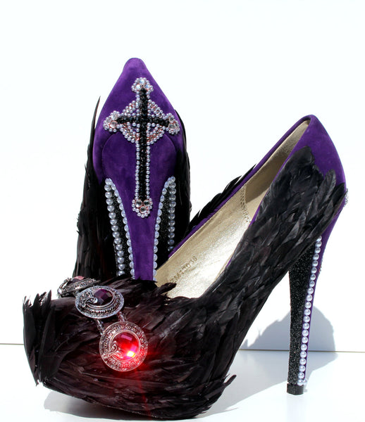 Black Swan Feather Gothic Crystal Heels - Wicked Addiction