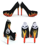 Biker Chic Heels with Crystal Skulls & Flames - Wicked Addiction