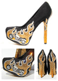 Gold Flame Motorcycle Crystal Heels - Wicked Addiction