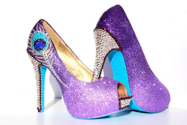 Purple Crystal Peacock Heels with Aqua Soles - Wicked Addiction