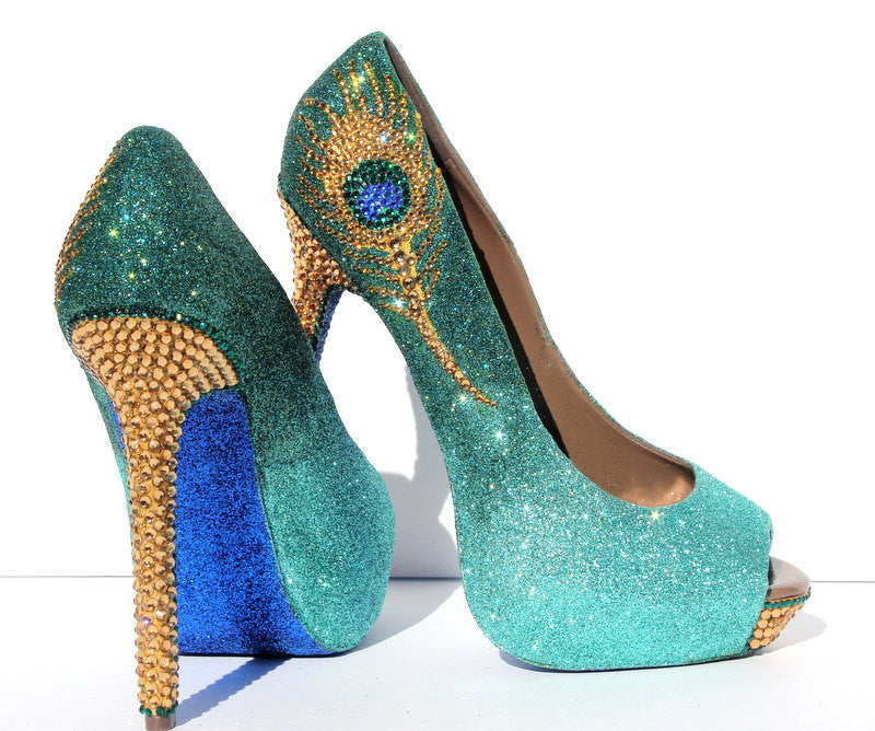 Jade & Gold Crystal Peacock Heels - Wicked Addiction