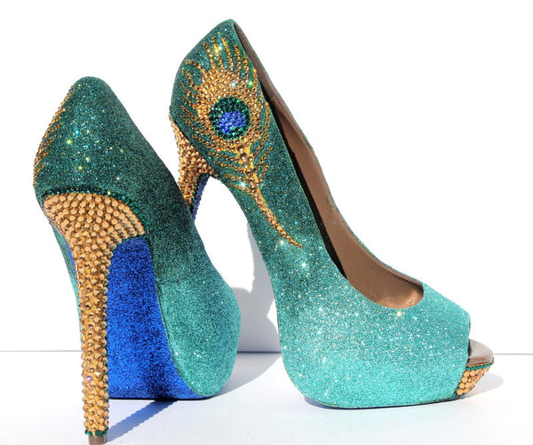 Jade & Gold Crystal Peacock Heels - Wicked Addiction