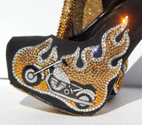 Gold Flame Motorcycle Crystal Heels - Wicked Addiction