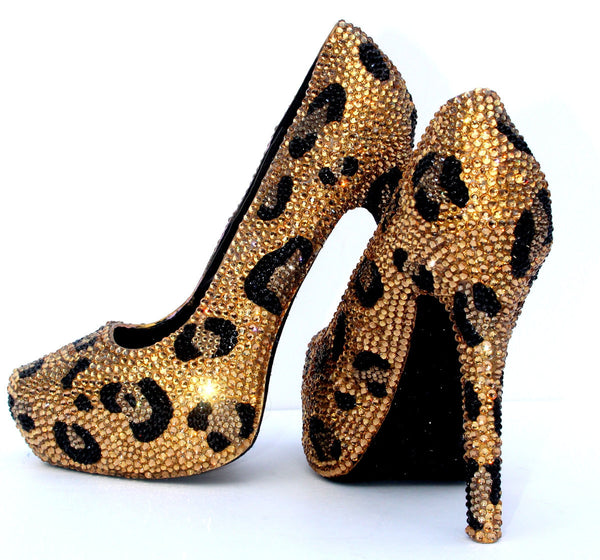 Gold & Black Leopard Crystal Heels - Wicked Addiction