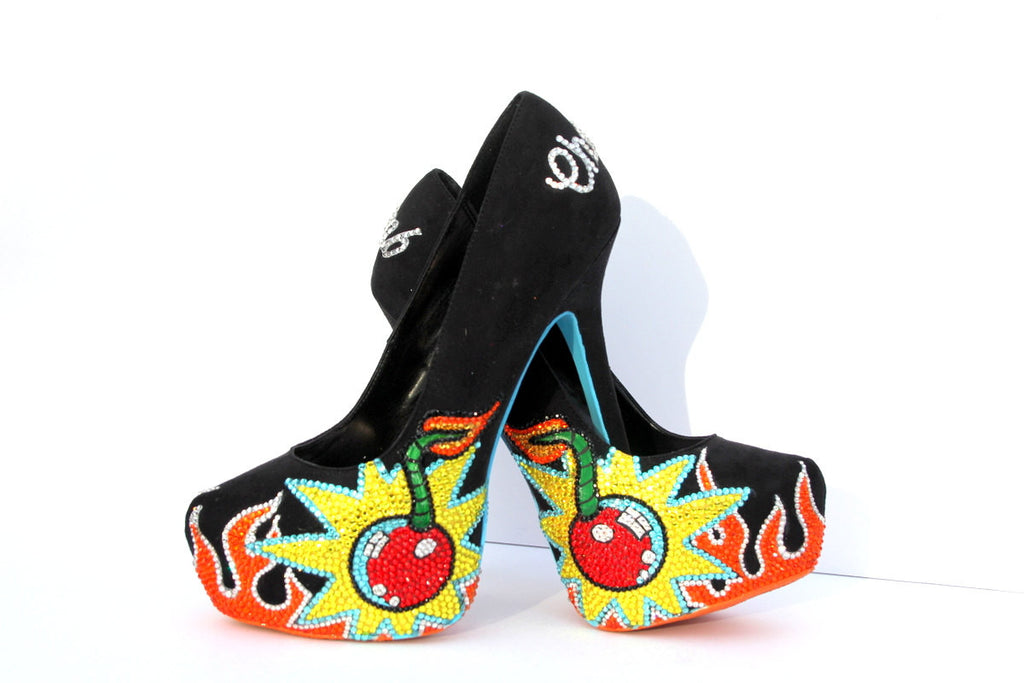 Cherry Bomb Hand Painted Crystal Heels - Wicked Addiction