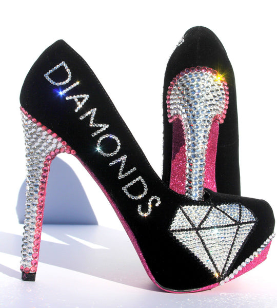 Pink & Black Crystal "Diamond" Heels - Wicked Addiction