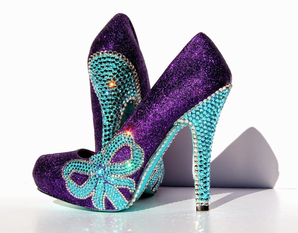 Tiffany Blue Crystal & Purple Glitter Bow Heels - Wicked Addiction