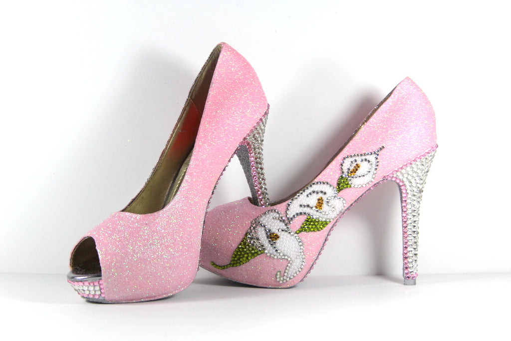 Crystal Cala Lilly & Pink Glitter Heels with Silver Soles - Wicked Addiction