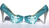 Tiffany Blue Wedding Shoes with pearl bows and crystal heels - Wicked Addiction