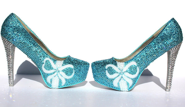 Tiffany Blue Wedding Shoes with pearl bows and crystal heels – Wicked ...