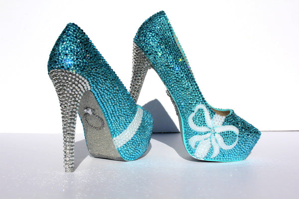 Tiffany Blue Wedding Shoes with pearl bows and crystal heels – Wicked ...