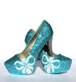 Tiffany Blue Wedding Shoes with pearl bows and crystal heels - Wicked Addiction