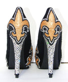 Fleur De Lis Black & Gold Crystal Heels - Wicked Addiction