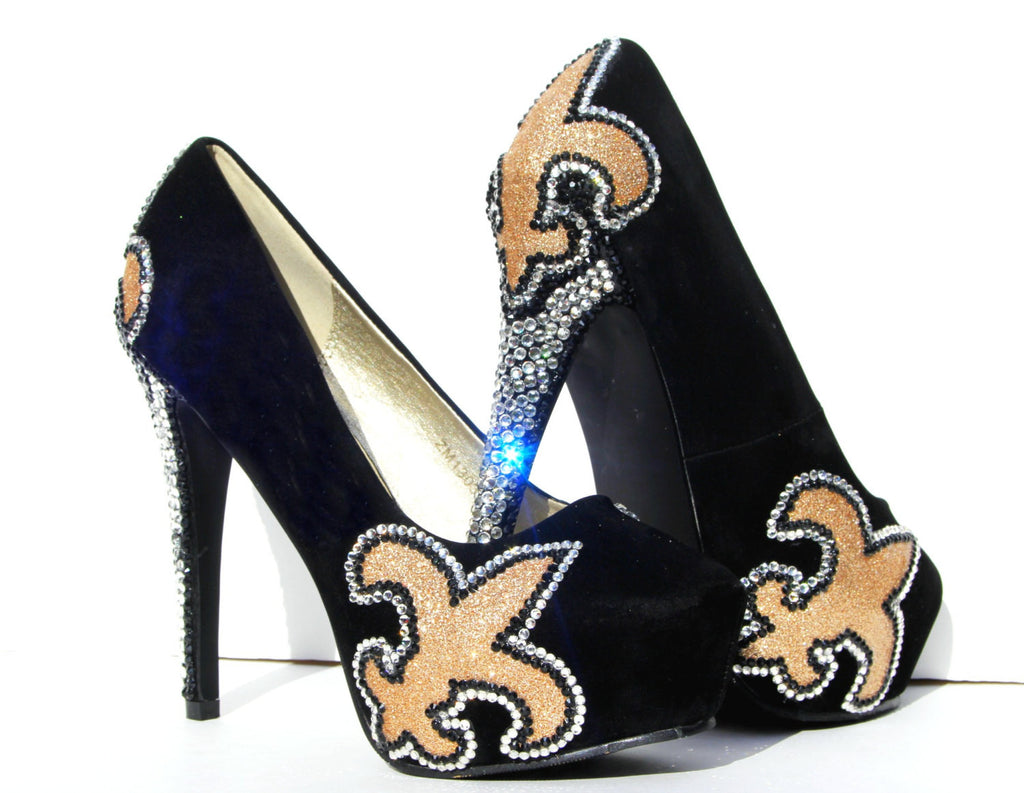 Fleur De Lis Black & Gold Crystal Heels - Wicked Addiction