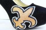 Fleur De Lis Black & Gold Crystal Heels - Wicked Addiction