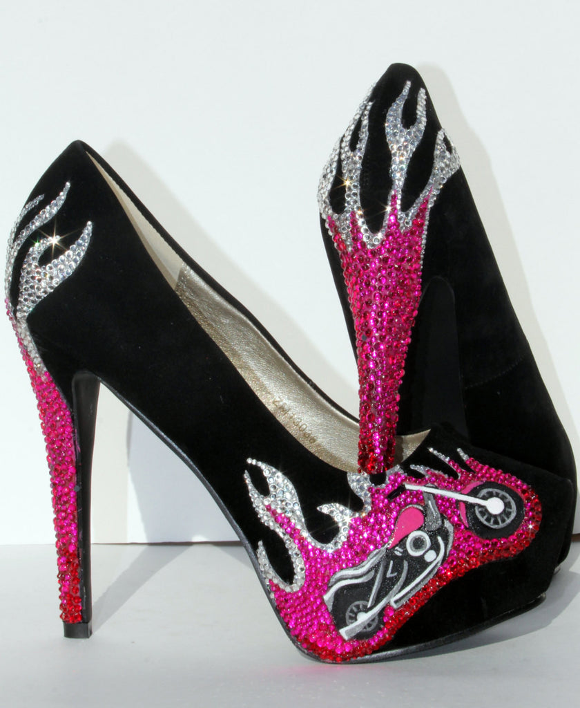 Pink & Black Crystal Biker Chic Heels - Wicked Addiction