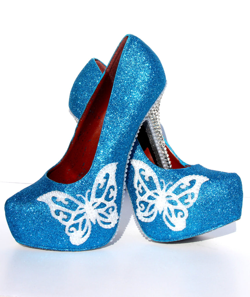 Turquoise Butterfly Glitter Heels with Crystals & Pearls - Wicked Addiction