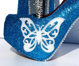 Turquoise Butterfly Glitter Heels with Crystals & Pearls - Wicked Addiction