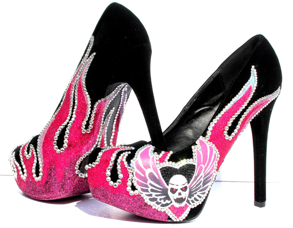 Crystal Skull & Pink Flame Heels - Wicked Addiction