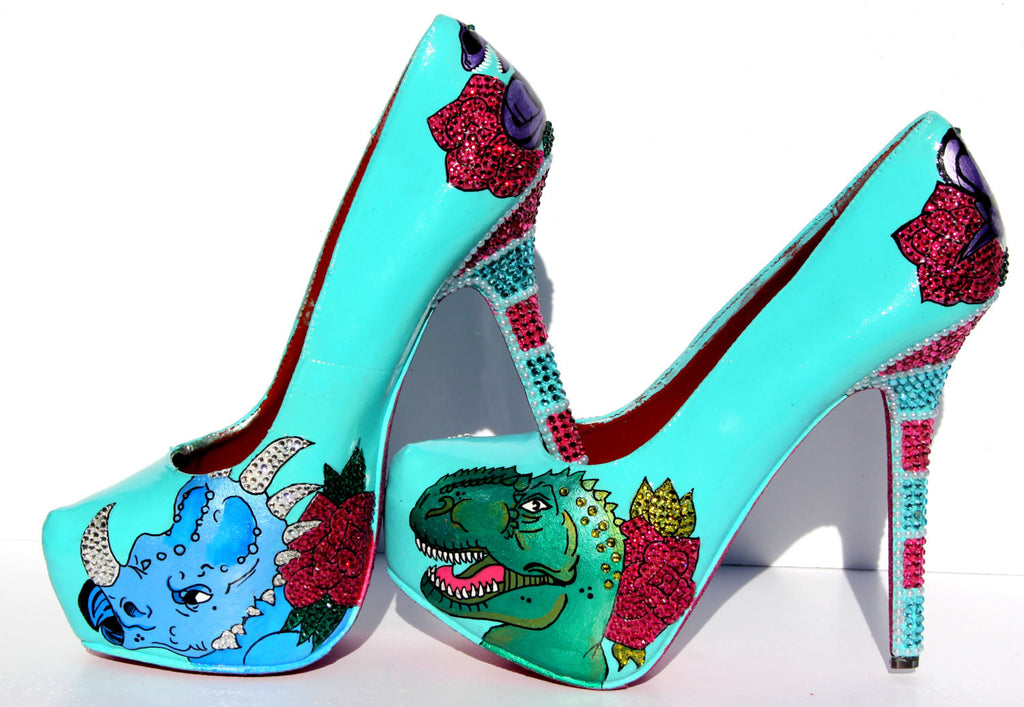 Crystal & Pearl Dinosaur Hand-Painted Heels - Wicked Addiction