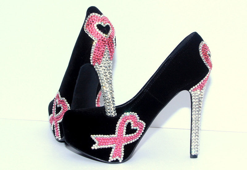 Breast Cancer Heart Ribbon Black Heels - Wicked Addiction