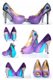 Purple Crystal Peacock Heels with Aqua Soles - Wicked Addiction