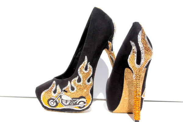 Gold Flame Motorcycle Crystal Heels - Wicked Addiction