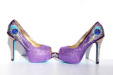 Purple Crystal Peacock Heels with Aqua Soles - Wicked Addiction