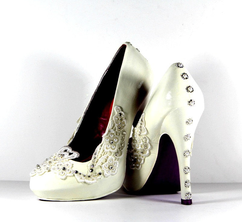 Hand-Painted Lace Heels with Swarovski Crystals & Pearls - Wicked Addiction