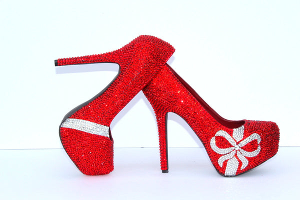 Red Swarovski Crystal Heels with Crystal Bows - Wicked Addiction